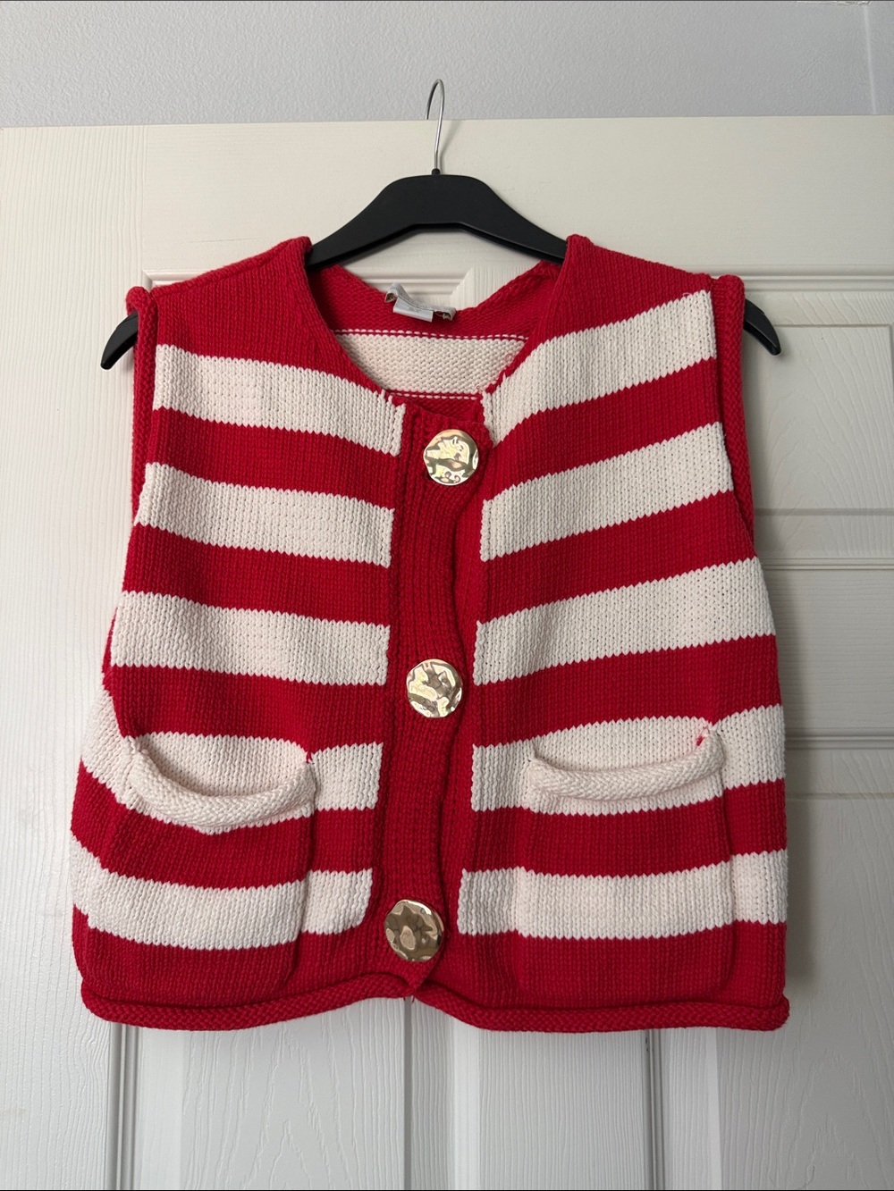 House of Harlow 1960 Red and White Striped Knit Vest with Gold Buttons